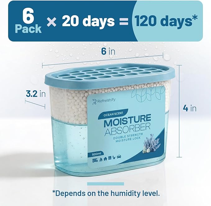 Premium Moisture Absorbers and Dehumidifier Tubs – High-Efficiency Closet Dehumidifier, Ocean Scent, 6 Pack, 7.5 Oz