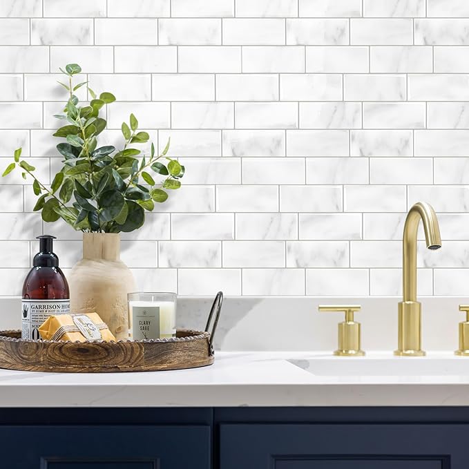 Subway Backsplash Tile Peel and Stick, Marble White Self Adhesive Tiles for Kitchen, 10-Sheet Stick on Backsplash for Kitchen and Bathroom (11.56x8.38)
