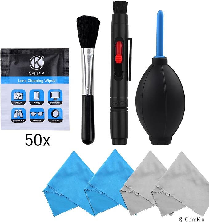 Camera Lens Cleaning Kit - Air Blower, Cleaning Brush, 2in1 Lens Cleaning Pen, 50 Individually Wrapped Wet Tissues and 4 Microfiber Cloths