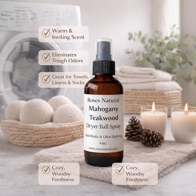 Natural Dryer Ball Spray, 4 oz, Patchouli, Lavender,Essential Oil Laundry Refresher, Fabric Freshener for Clothes, Linens & Wool, Anti-Static & Odor Neutralizer, Made in the USA (Mahogany Teakwood)