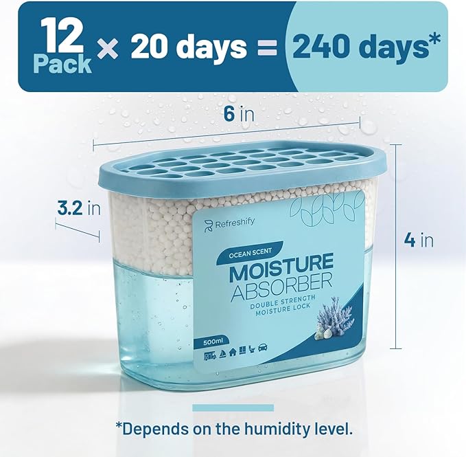 Premium Moisture Absorbers and Dehumidifier Tubs – High-Efficiency Closet Dehumidifier, Ocean Scent, 12 Pack, 7.5 Oz
