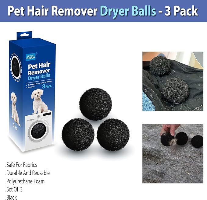 Grand Fusion Pet Hair Remover Dryer Balls, Dog and Cat Hair Remover, Lint Remover, Rid Clothes and Laundry of Lost Hair, Pack of 3