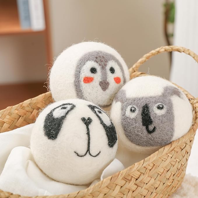 Wool Dryer Balls 3 Pack XL, Natural Fabric Softener New Zealand Wool,Handmade Organic Laundry Dryer Balls, Reusable 1000 Loads,Wrinkles Free, Shorten Drying Time(3 Pack,Animal Pattern)