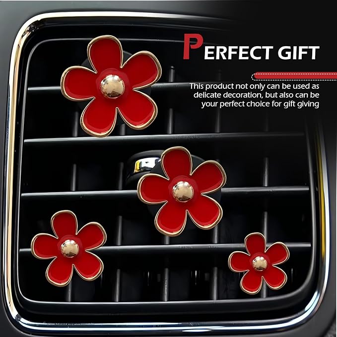 4 PCS Daisy Flower Car Air Freshener Vent Clips, Cute Car Accessories Air Conditioning Outlet Clips for Women, Universal Charm Interior Decor (Red)