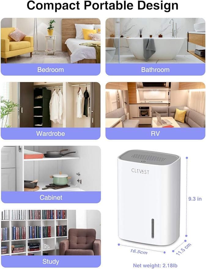 CLEVAST Small Dehumidifier for Home, 30oz Mini Quiet Dehumidifier for Bathroom & Bedroom, Portable Compact Air Dehumidifier for Closet, RV, Camper (285 sq. ft)