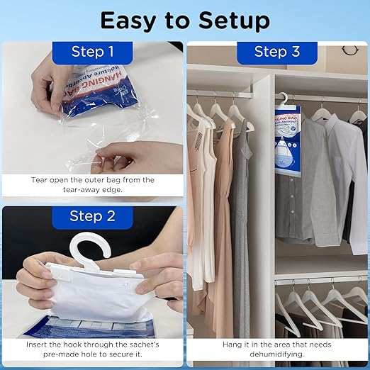 W&E Choice Moisture Absorbers Hanging Bag for Your Closet, Dehumidifier Bags for Bathroom, Fragrance Free Humidity Packs, 6 Pack