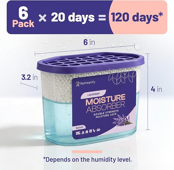 Premium Moisture Absorbers and Dehumidifier Tubs – High-Efficiency Closet Dehumidifier and Dehumidifier for Car, Odor Control Lavender, 6 Pack, 7.5 Oz