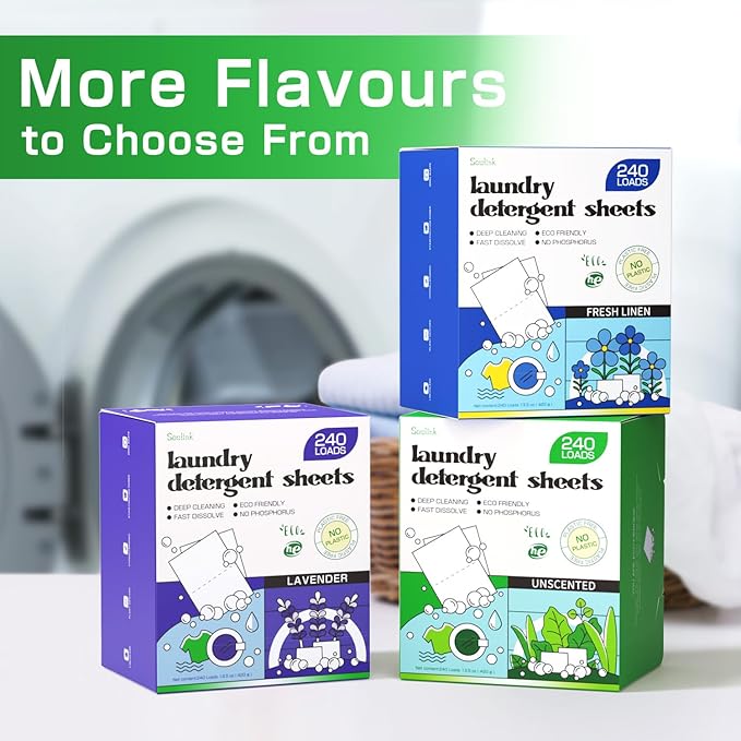 Soulink Laundry Detergent Sheets Unscented 240 Loads,Eco Friendly Detergent Sheets for Travel & Home - No Plastic Jug Liquidless Soap Strips, Plant-based, Hypoallergenic. Safe for Sensitive Skin