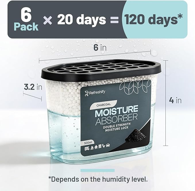 Premium Moisture Absorbers and Humidity Absorber – High-Efficiency Moisture Absorber for Closet Dehumidifier and Dehumidifier for Car – Effective Dehumidifier Tubs, 7.5 Oz for Odor Charcoal, 6 Pack