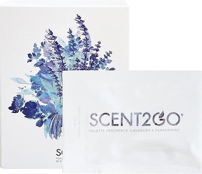Scent2Go Toilet Fragrance Powder - Discreet Travel Size Packet - Leak Lock Design - Plant Based Formula - Lavender + Peppermint - 20 Single Use Packets