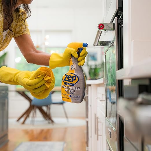 Zep Plus Stainless Steel Cleaner 32 oz (2 Units) & a Blue Microfiber Rag ECBD022 - Streak-Free Fingerprint Removal for Stainless Steel Appliances