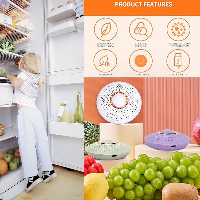 Refrigerator Deodorizer,Portable USB Rechargeable Refrigerator deodorizer, Outperforms Than Baking Soda and Charcoal Bags,Fridge and Freezer Odor Absorber to Keep Food Fresh Longer(Lilac)