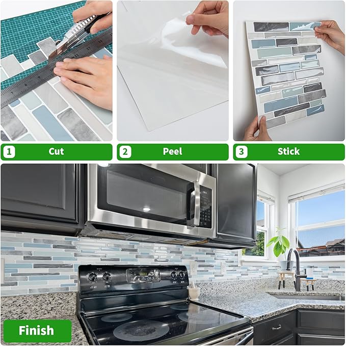 LONGKING Self-Adhesive Kitchen Backsplash, Marble Look Decorative Tiles (10 Tiles)