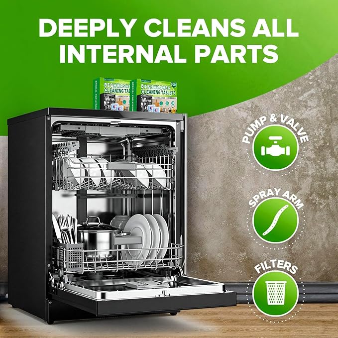 32 Pack Dishwasher Cleaner & Deodorizer Tablets - 16 Month Supply, Heavy Duty Deep Cleaning Formula, Removes Limescale, Grease & Residue, Deodorizes & Refreshes, Works with All Dishwasher Type