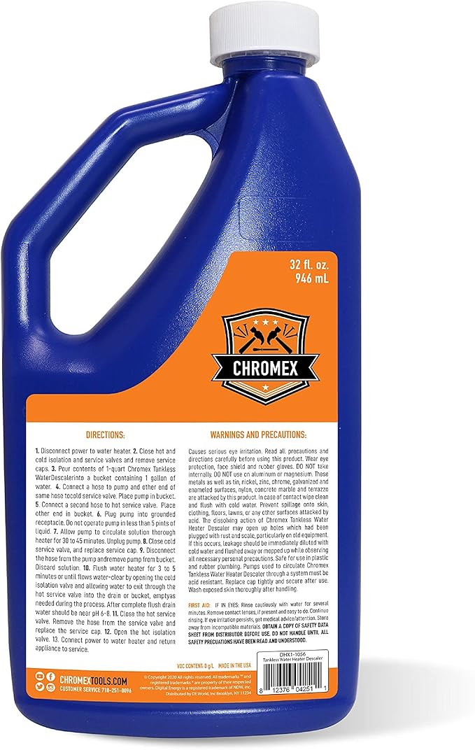 Chromex Tankless Water Heater Descaling Solution | Highly Effective Descaler Restores Heating Efficiency, Quart, 32 fl oz (1)