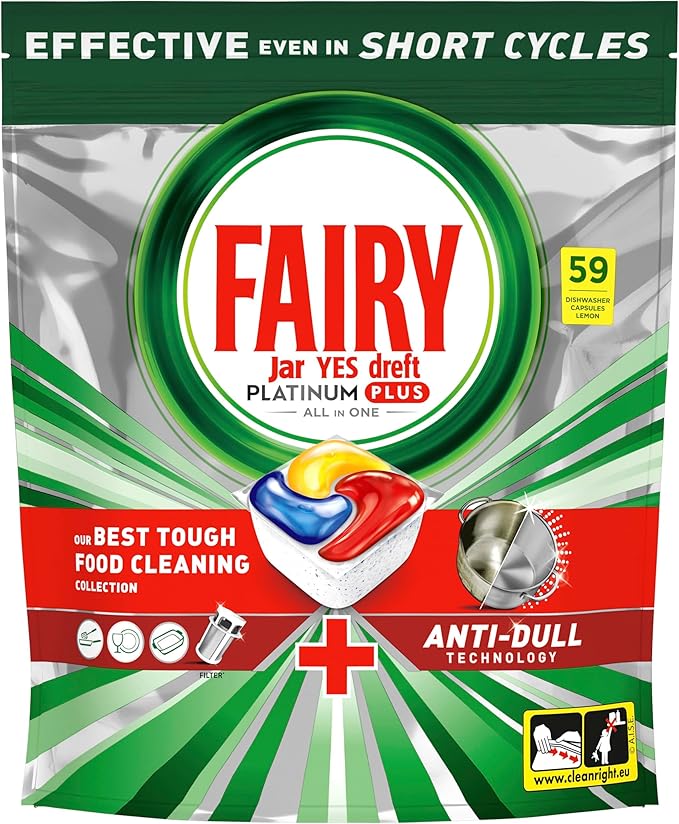 Fairy Platinum Plus 59 Dishwasher Tablets, Lemon, Our Best Cleaning For A Clean Like New, Removes Dullness & Prevents Limescale