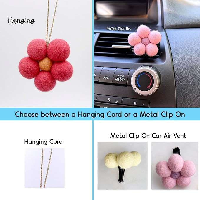 Daisy Flower Car Vent Clip, Essential Oil Wool Diffuser, Car Air Freshener, or Hanging, Natural Auto Freshener, Aromatherapy, Closet Sachet
