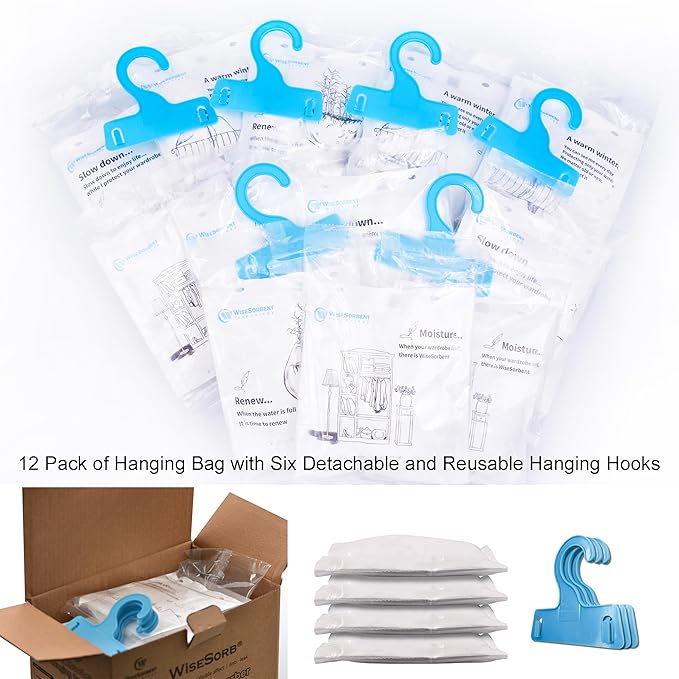 Moisture Absorber Refill Hanging Bags, 12 Pack (200g Each) – Calcium Chloride Dehumidifier Bags with 6 Reusable Hooks, Closet & Bathroom Dehumidifier Bags