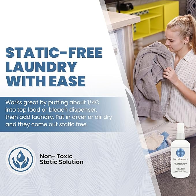 Anti-Static Spray for Clothes - Instantly Eliminate Static Cling, Flyaways, and Shocks from Clothes, Fabrics, Linens, Blankets & Rugs- All-Natural Formula - Lasts All Day- 8oz