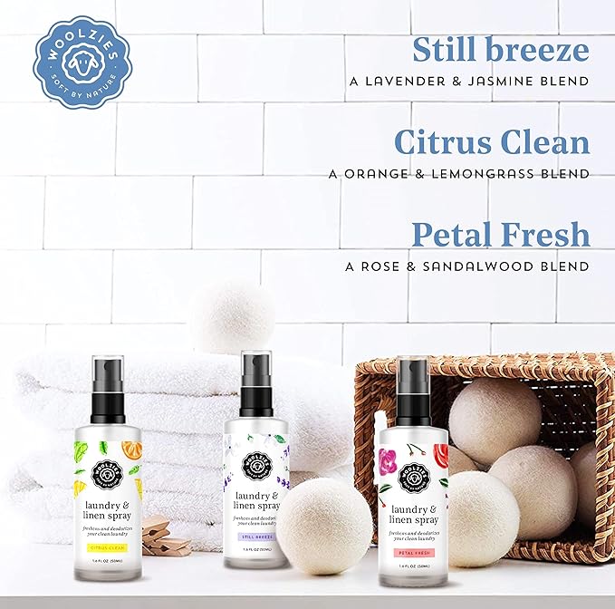Woolzies Laundry Essential Oil Linen Spray Set | Use with Wool Dryer Balls, Face, & Body, Natural Room Mist | Includes Petal Fresh, Still Breeze, Citrus Clean 50 ML