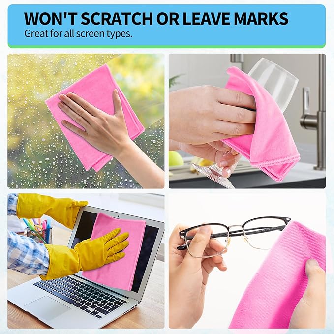 HOMERHYME Microfiber Cleaning Cloth, 12 Pack Window Glasses Cleaning Cloth, Reusable Lint-Free Streak Free Polishing Cloth Wipes for Stainless Steel, Eyeglasses, Mirrors, Screens & Lenses,12"*12" Pink