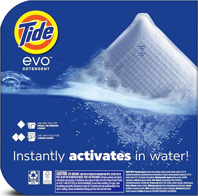 Tide evo Spring Blast Scent Laundry Detergent Fiber Tiles Works on 100% of Common Stains Safe for All Machines and Water Conditions Concentrated HE Compatible Clean and Instant Dissolve, 42 Count
