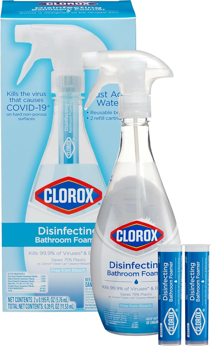 Clorox Disinfecting Bathroom Foamer Starter Kit, Household Essentials, One Reusable Bottle Plus 2 Refills