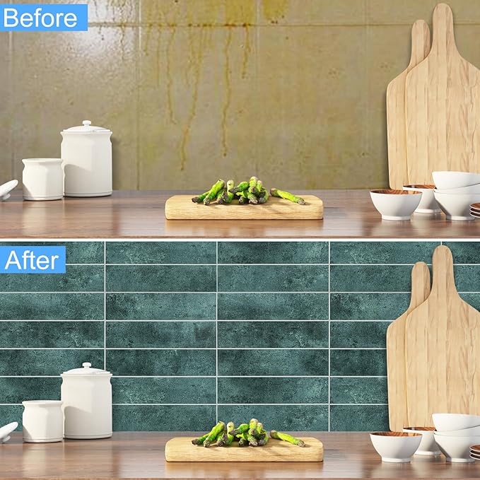 24-Pieces Peel and Stick Tiles for Kitchen Backsplash, New Upgrade Design 12" x 3"SPC Subway Backsplash Tiles, Marble Green Premium Finger Tiles(Green).