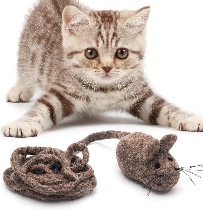 Glaciart One Felt Mouse Cat Toy β Soft Fuzzy Enrichment 100% Natural Wool - Interactive Catnip Play Cat Toy Set - Safe for Pets, Non-AZO Colored Dyes - 100β Long