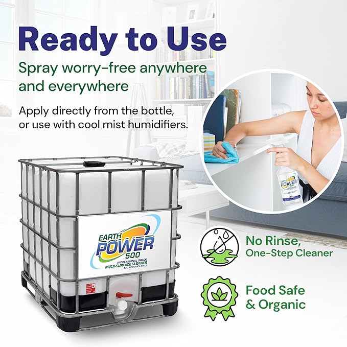Earth Power Hypochlorous Acid 500 PPM Multipurpose Cleaner – Natural & Non-Toxic – Tile, Refrigerator, Shower, Countertop & Floor Cleaner – Family, Food & Pet Safe Cleaning Supplies – 500 Gallon