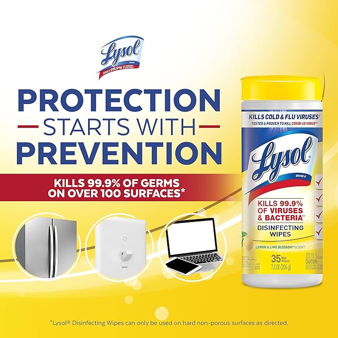 Lysol Disinfectant Wipes, Multi-Surface Antibacterial Cleaning Wipes, for Disinfecting and Cleaning, Lemon and Lime Blossom, 35 Count (Pack of 3)