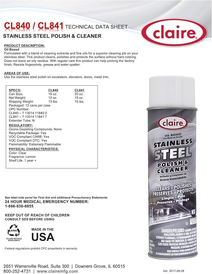 Claire CL841-12pk Oil Based Stainless Steel Polish & Cleaner; 15 Oz. Net Wt, 12 Count