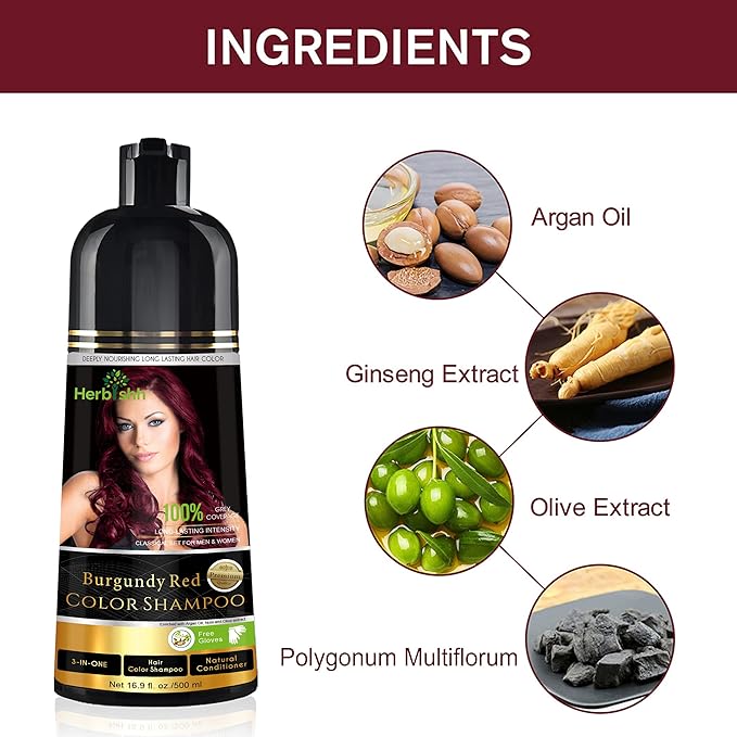 Herbishh Hair Color Shampoo for Gray Hair Burgundy 500 ML + Hair Color Stain Remover Wipes - Travel Pack With 5 Wipes