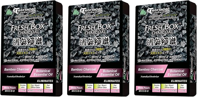 Treefrog Xtreme Fresh Charcoal Black Squash x3, White Peach Scent x3 Air Freshener, Deodorizer and Neutralizer air, Special Bundle Mixed Pack, Black Bamboo Charcoal, Large Size 200g.