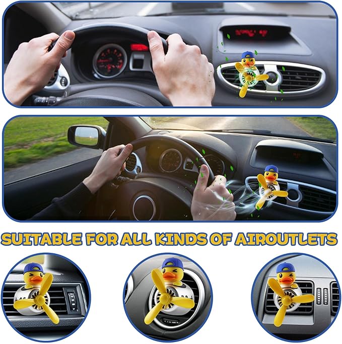 Car Air Freshener Yellow Duck Pilot Car Diffuser Rotating Propeller Automotive Auto Vehicle Air Outlet Fan Creative Car Perfume Fragrance Decoration Comes with 4 Fragrant Tablets