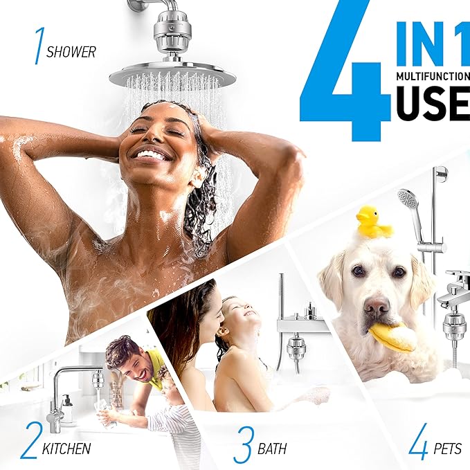 AquaHomeGroup Shower Head Filter – 20-Stage + 5 Replacement Cartridges – Reduces Chlorine, Fluoride, and Other Chemicals – Vitamin C, E & A Shower Filter for Glowing Skin & Hair