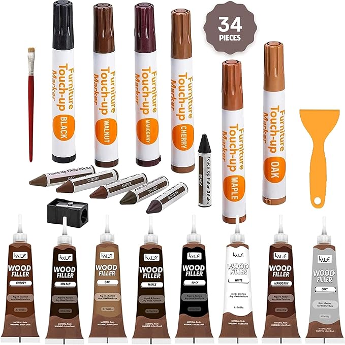 Katzco Set of 34 Wood Markers Furniture Repair Kit - Wood Scratch Repair Markers and Wax Sticks with Sharpener - for Stains, Scratches, Floors, Tables, Desks, Carpenters, Bedposts, Cover-Ups