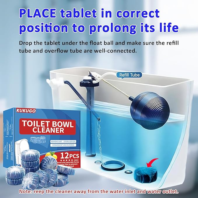 Toilet Bowl Cleaner Tablets, Automatic Septic-Safe Tank Cleaner Fast-Dissolving, Easy-to-Use & Powerful Cleaning (12)