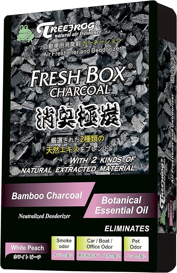 Tree Frog Xtreme Fresh Box Charcoal White Peach Scent 4-Pack Car Air Freshener, Deodorizer and Neutralizer air, Plus Smelling Great, Black Bamboo Charcoal, 200g.