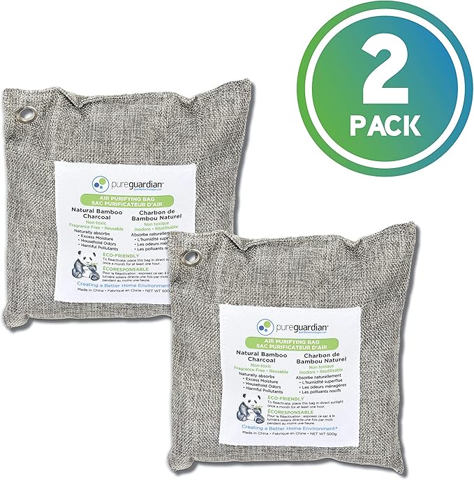 PureGuardian CB500 Bamboo Charcoal Air Purifying Bag, Eco-Friendly, Naturally Absorbs Odors, Excess Moisture and Pollutants, 500g, 2-Pack, Gray