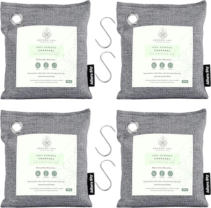 12 Pack Bamboo Charcoal Air Purifying Bag, Activated charcoal Bags Odor Absorber, Odor Eliminator for Home, Car, Office, Closet & House Deodorizer (6X200g,2X100g,4X50g,6 Hooks & Strings)