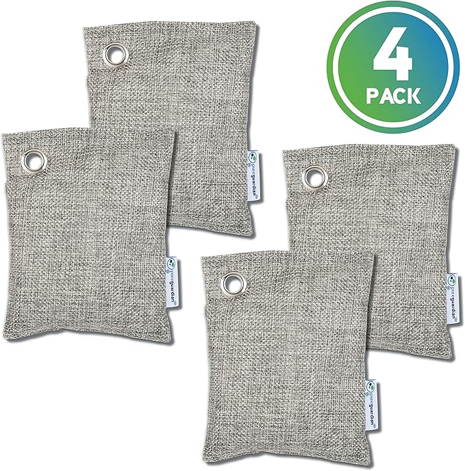 PureGuardian CB100 Bamboo Charcoal Air Purifying Bag, Eco-Friendly, Naturally Absorbs Odors, Excess Moisture and Pollutants, 100g, 4-Pack, Gray
