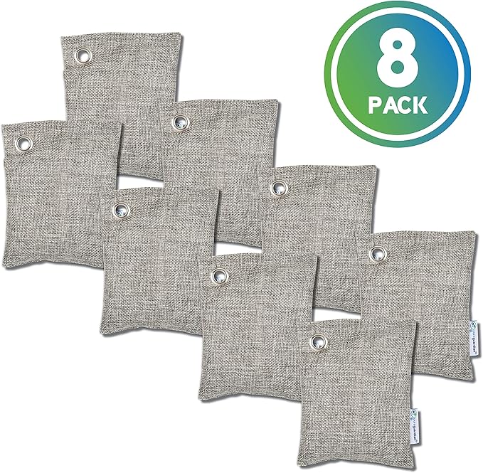 PureGuardian CB100 Bamboo Charcoal Air Purifying Bag, Eco-Friendly, Naturally Absorbs Odors, Excess Moisture and Pollutants, 100g, 8-Pack, Gray
