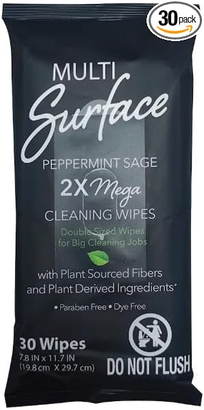 Mega Cleaning Wipes, Multi Surface Double-Sized for Large Cleaning Jobs, Peppermint Sage, Plant-Based Fibers & Plant Derived Ingredients, 7.8 x 11.7 inches, 30 Count