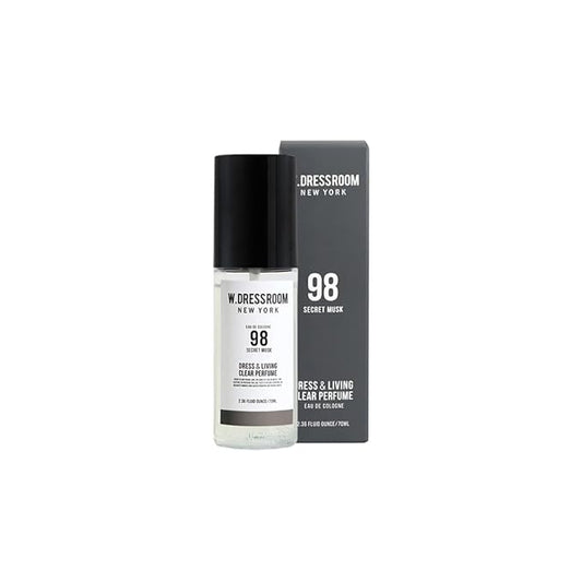W.Dressroom No.98 Secret Musk Living Clear Perfume, Body Mist & Fabric Spray Deodorizer, Alcohol-Free Water-Based, Odor Neutralizer for Clothes, Bedding & Room, Travel Size 2.36 oz