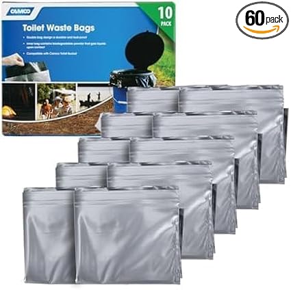 Camco Toilet Waste Bags - Features a Biodegradable Powder & Leak Proof Double Bag Design - Great for Camping,RVing,Hiking,or Boating (41548),(Pack of 60)