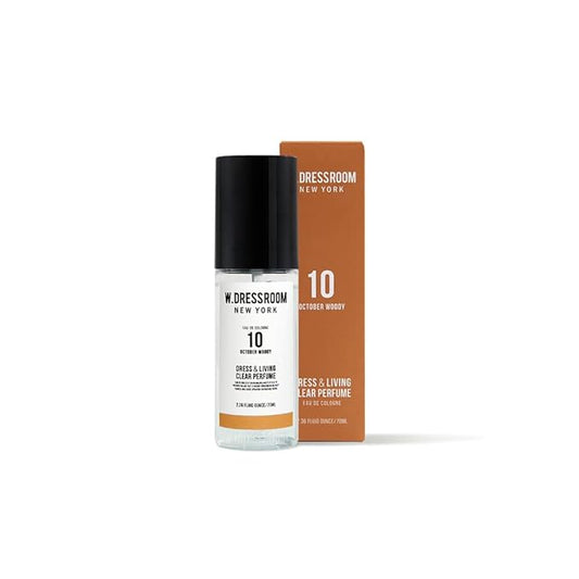 W.Dressroom No.10 October Woody Living Clear Perfume, Body Mist & Fabric Spray Deodorizer, Alcohol-Free Water-Based, Odor Neutralizer for Clothes, Bedding & Room, Travel Size 2.36 oz