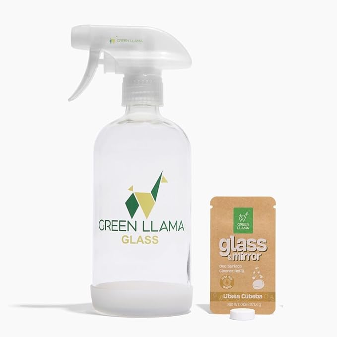 Green Llama Eco-Friendly Glass and mirror Cleaning Spray | 16oz Glass Bottle, 1 Refill Tablet, Listea Cubeba Scent - Natural, Sustainable, Safe for Home Surfaces | Ideal for Eco-Shoppers