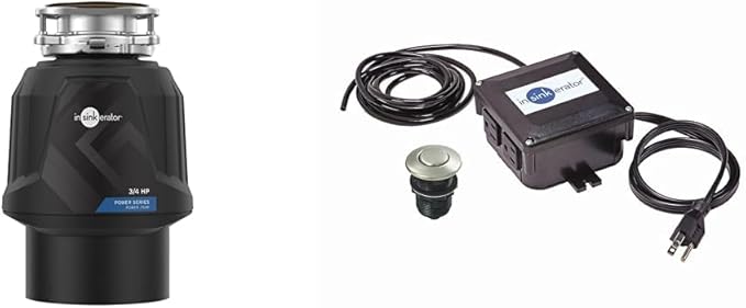 InSinkErator Power .75HP, 3/4 HP Garbage Disposal, Power Series EZ Connect Food Waste Disposer + InSinkErator Garbage Disposal Air Switch Kit, Dual Outlet Sink Top Switch Button, Satin Nickel STS-OOSN