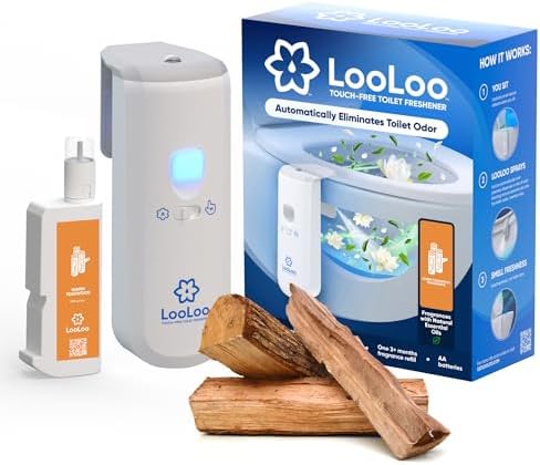 LooLoo 3.0 Touch Free Toilet Freshener Automatic Air Freshener Spray for Bathroom Starter Kit with Light and Toilet Deodorizer, Bathroom Spray Odor Eliminator - Warm Teakwood